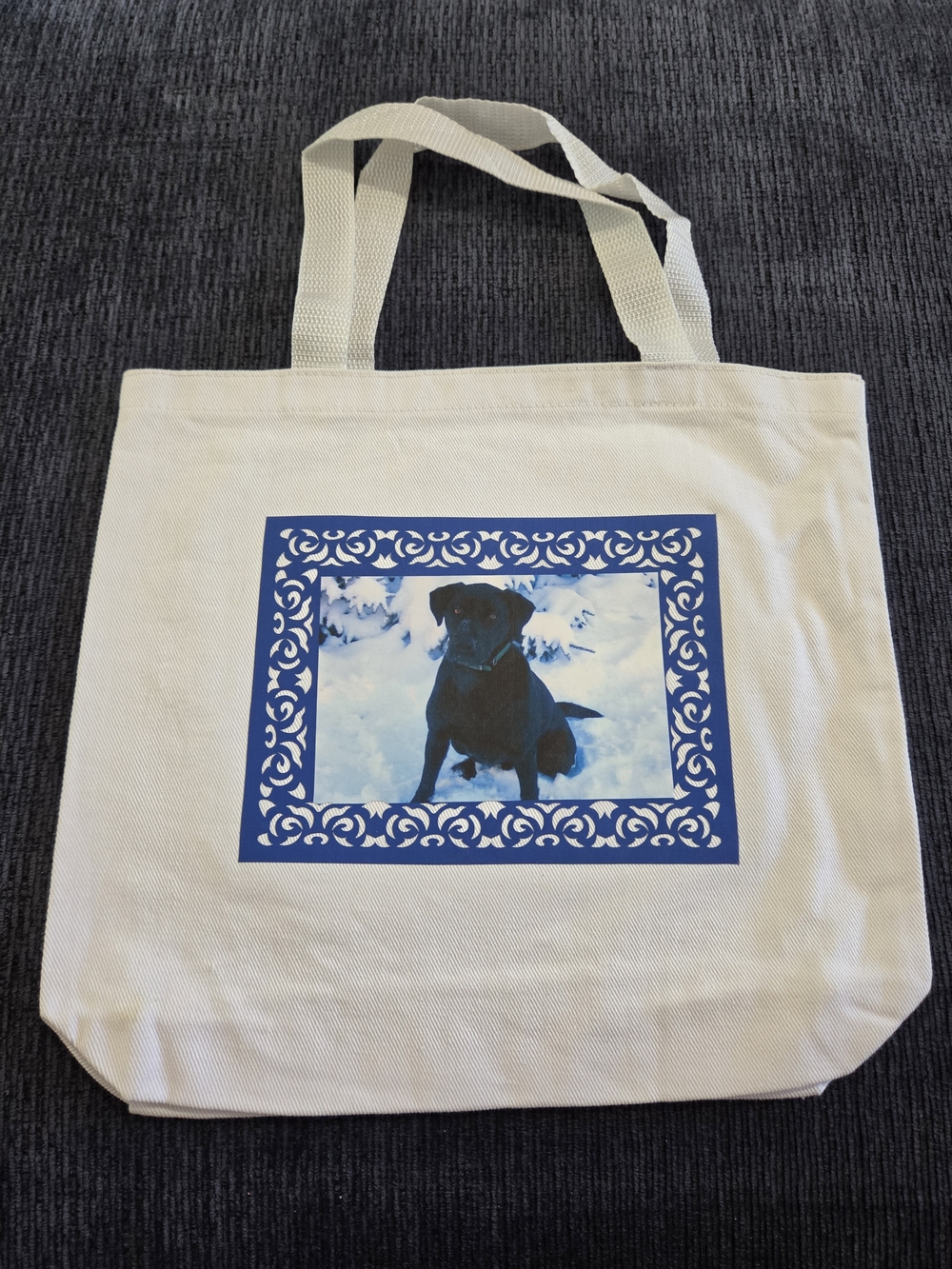 Canvas Labradore Dog Tote Bag with Blue Photo Frame Print NEW